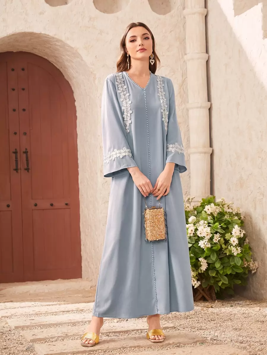 Al Najma Floral Applique V Neck Modest Long Sleeve Arabian Dress - Baby Blue - View 1