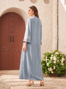 Al Najma Floral Applique V Neck Modest Long Sleeve Arabian Dress - Baby Blue - View 2