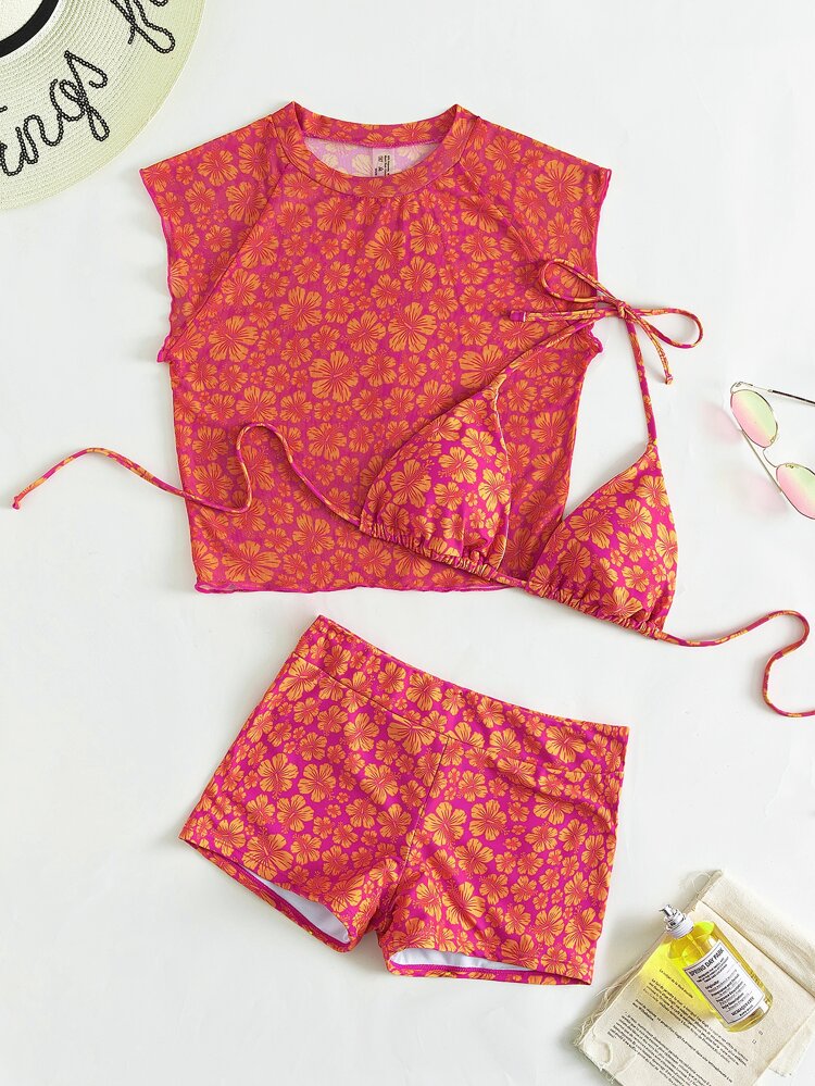 Summer Beach 3packs Floral Print Triangle Shorts Bikini & Cover Up Top