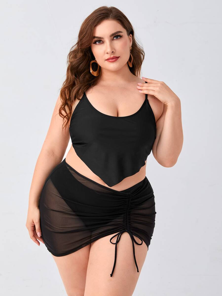 Plus Size 3 gói Bộ bikini dây rút Hanky Hem đi biển mùa hè - màu đen - Xem 1