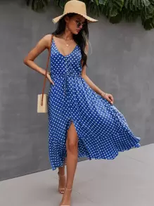 SHEIN VCAY Button Through Drawstring Waist Polka Dot Cami Dress - Blue - View 1