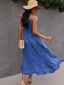 SHEIN VCAY Button Through Drawstring Waist Polka Dot Cami Dress - Blue - View 2