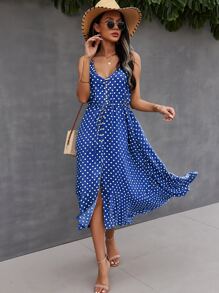 SHEIN VCAY Button Through Drawstring Waist Polka Dot Cami Dress - Blue - View 3