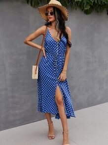 SHEIN VCAY Button Through Drawstring Waist Polka Dot Cami Dress - Blue - View 4