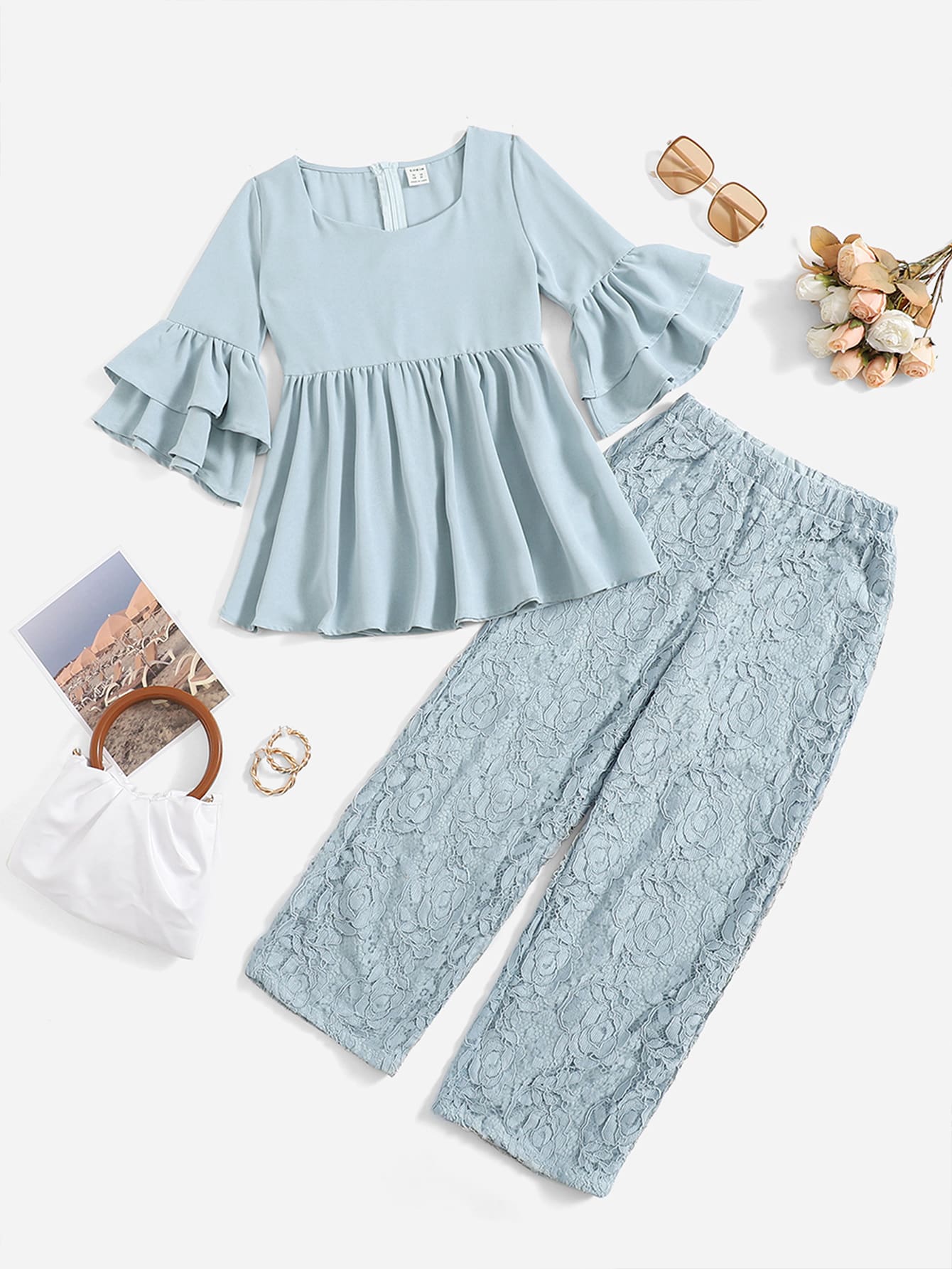 SHEIN 女孩喇叭袖花邊下擺上衣和蕾絲長褲