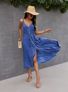 SHEIN VCAY Button Through Drawstring Waist Polka Dot Cami Dress - Blue - View 5