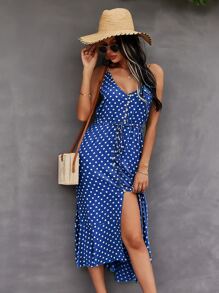 SHEIN VCAY Button Through Drawstring Waist Polka Dot Cami Dress - Blue - View 6