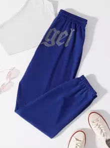 SHEIN Unity 水鑽字母圖案腰部抽繩衛褲 - 寶藍色 - 查看 4