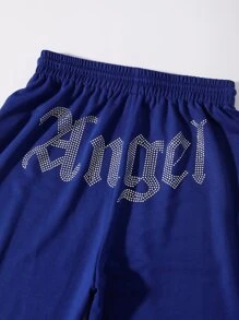 SHEIN Unity 水鑽字母圖案腰部抽繩衛褲 - 寶藍色 - 查看 5