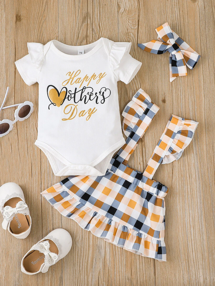 嬰兒標語圖案荷葉邊連身背心和格紋背带半身裙和髮箍