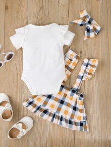 嬰兒標語圖案荷葉邊連身背心和格紋背带半身裙和髮箍