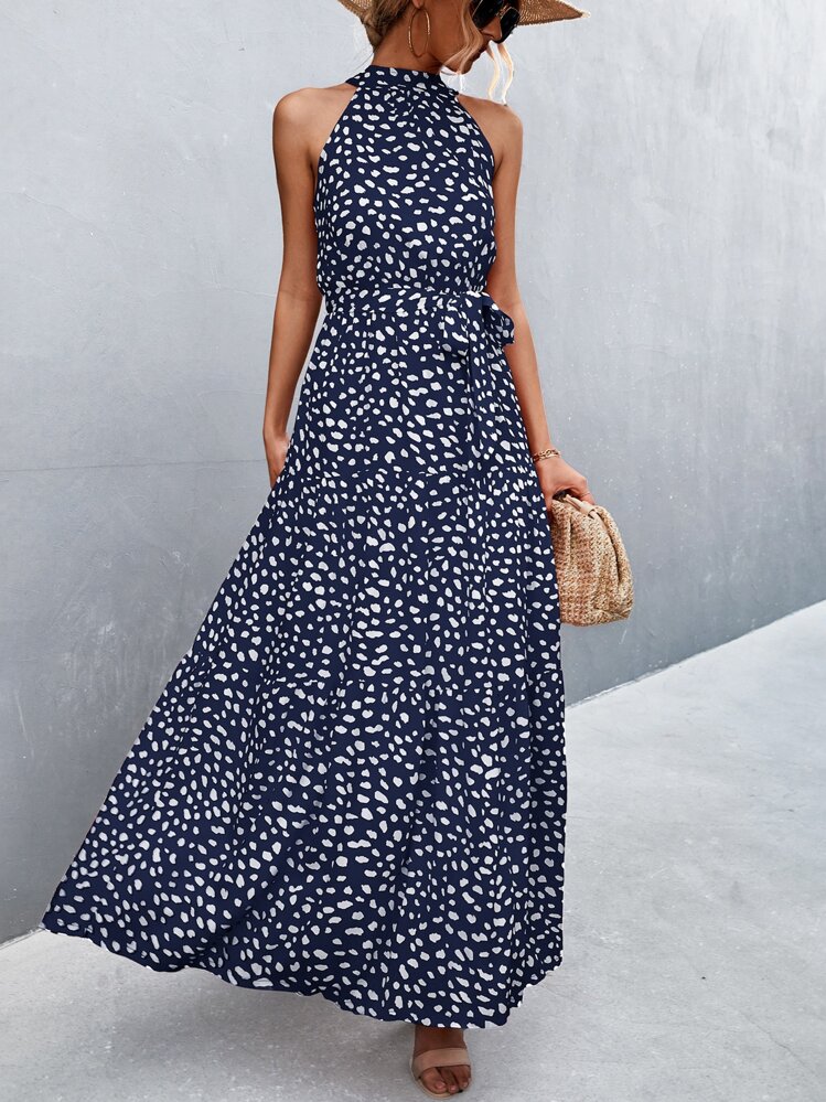 SHEIN Holidaya All Over Print Belted Halter Dress - Navy Blue - View 1