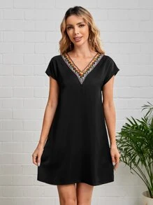 EMERY ROSE Vestido túnico geométrico ribete de manga murciélago - Negro - Ver 1
