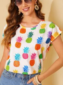 SHEIN LUNE Pineapple Print Batwing Sleeve Blouse - Multicolor - View 1