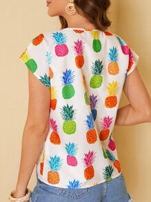 SHEIN LUNE Pineapple Print Batwing Sleeve Blouse - Multicolor - View 2