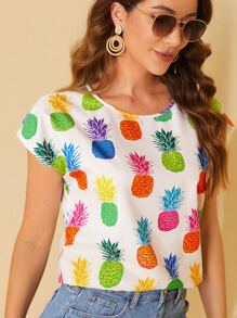 SHEIN LUNE Pineapple Print Batwing Sleeve Blouse - Multicolor - View 3