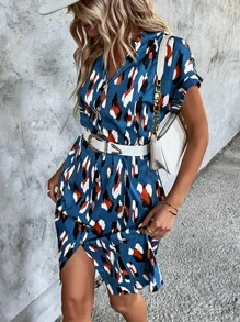 SHEIN LUNE Allover Print Batwing Sleeve Dress - Multicolor - View 1