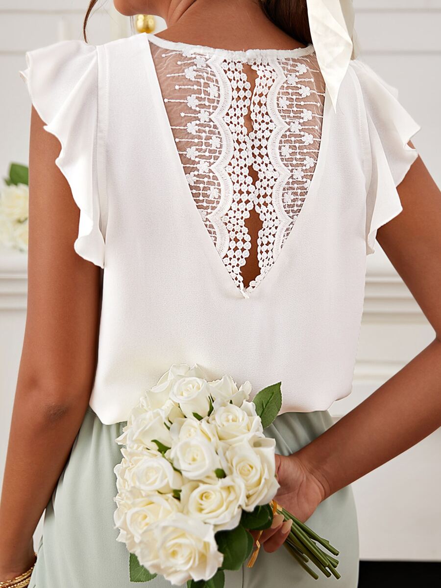 SHEIN Frenchy Butterfly Sleeve Guipure Lace Insert Blouse - White - View 1
