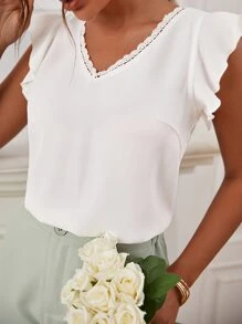 SHEIN Frenchy Butterfly Sleeve Guipure Lace Insert Blouse - White - View 2