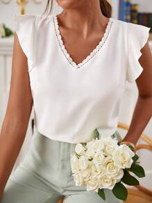 SHEIN Frenchy Butterfly Sleeve Guipure Lace Insert Blouse - White - View 4