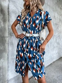 SHEIN LUNE Allover Print Batwing Sleeve Dress - Multicolor - View 4