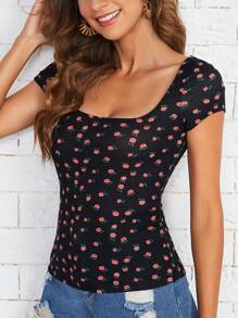 SHEIN VCAY Ditsy Floral Scoop Neck Tee - Multicolor - View 4