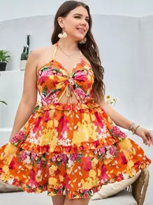 SHEIN Holidaya Plus Floral Print Knot Front Tie Backless Ruffle Hem Cut Out Dress - Multicolor - View 1