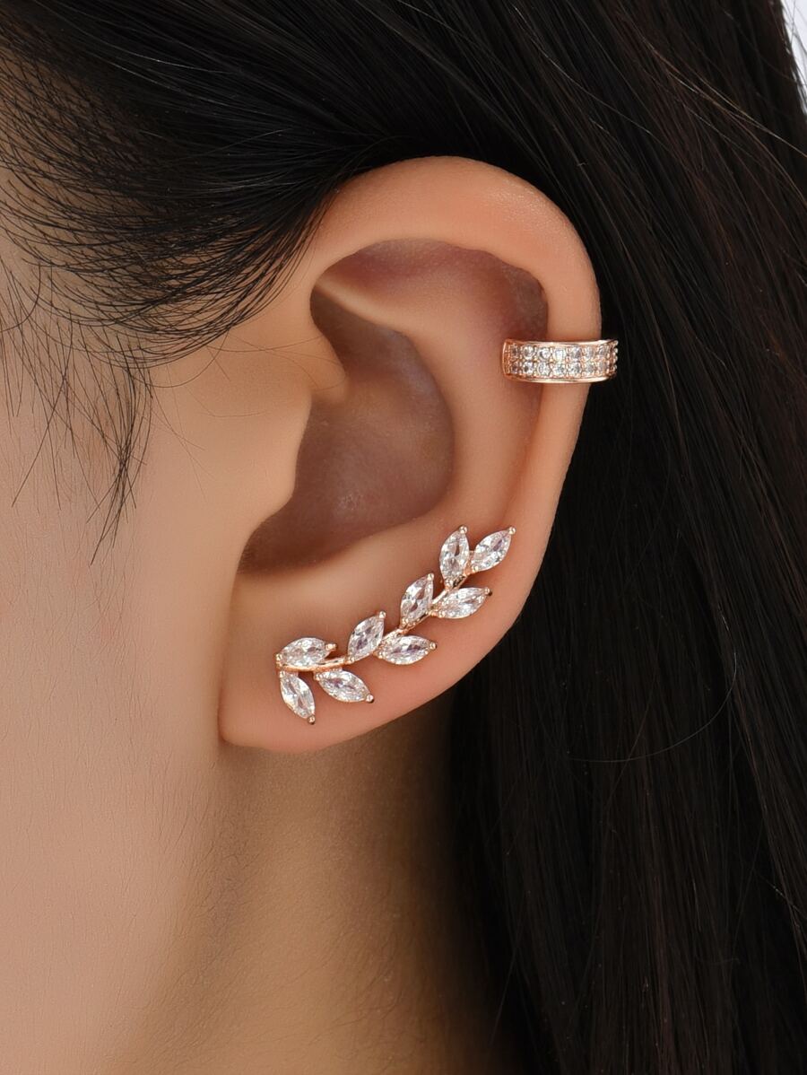 2pcs Cubic Zirconia Decor Ear Climber & 1pc Ear Cuff Copper Jewelry