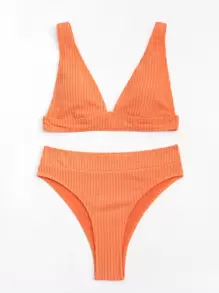 SHEIN Swim Summer Beach Textured V Neck Bikini Set, Bathing Suit - Orange - View 3