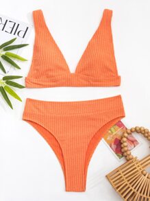 SHEIN Swim Summer Beach Textured V Neck Bikini Set, Bathing Suit - Orange - View 6
