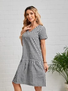 EMERY ROSE 格子圖案荷葉邊連衣裙 - 黑與白 - 查看 3