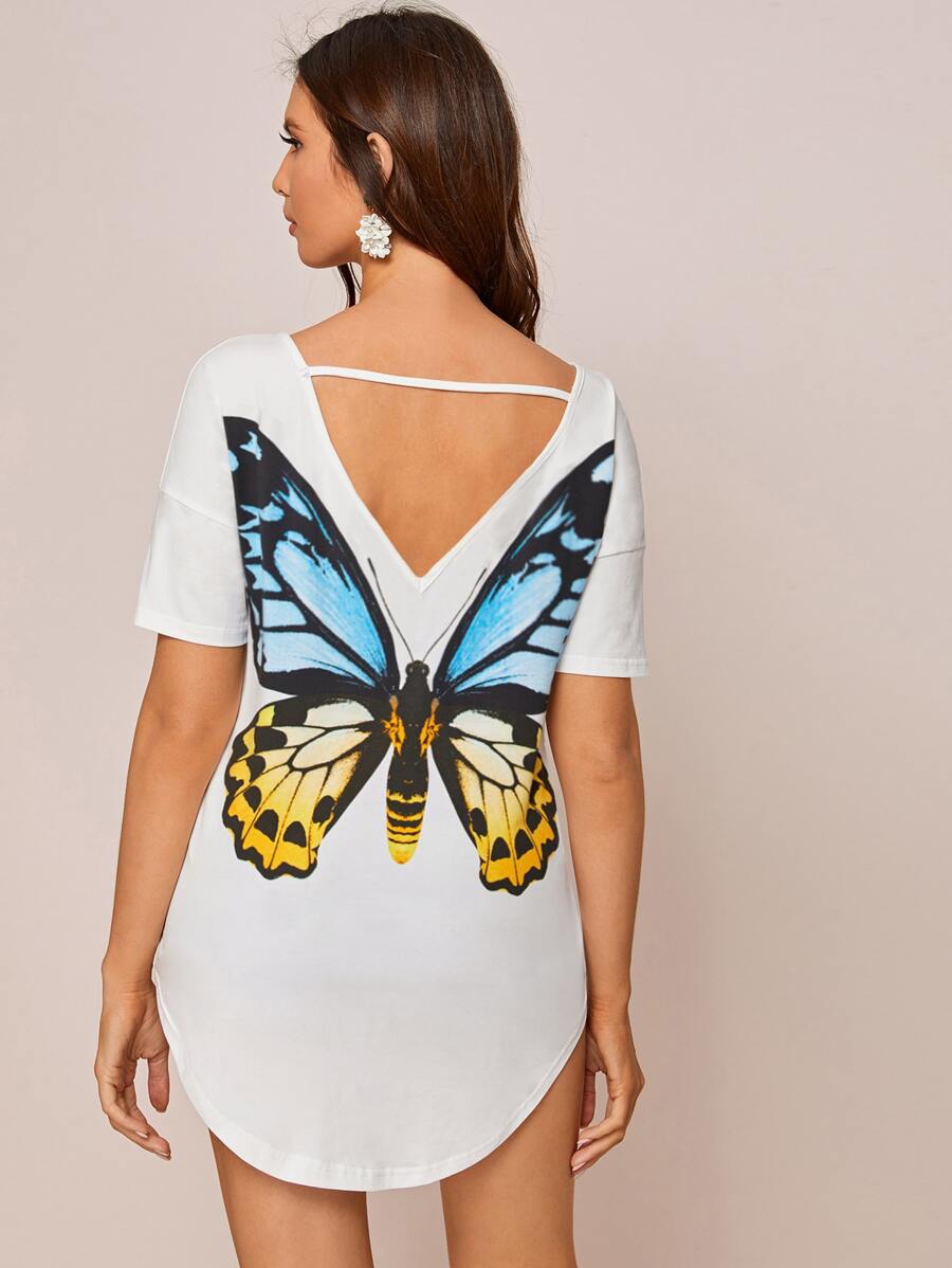 SHEIN Unity 後鏤空蝴蝶圖案弧形下擺上衣