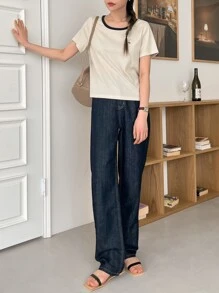 DAZY 人物刺繡鑲邊T恤 - 杏色 - 查看 4