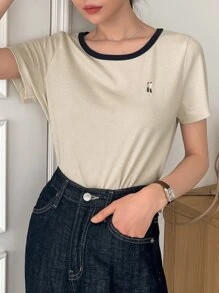 DAZY 人物刺繡鑲邊T恤 - 杏色 - 查看 7