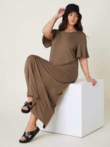 SHEIN BASICS Plus Solid Tee Dress - Coffee Brown - View 1