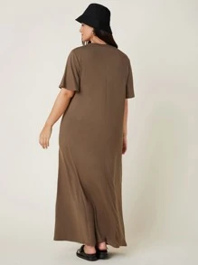 SHEIN BASICS Plus Solid Tee Dress - Coffee Brown - View 2