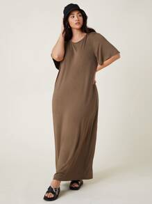 SHEIN BASICS Plus Solid Tee Dress - Coffee Brown - View 3
