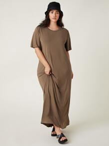 SHEIN BASICS Plus Solid Tee Dress - Coffee Brown - View 4