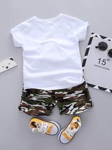 SHEIN 小男童迷彩和字母圖案T恤帶短褲 - 彩色 - 查看 2