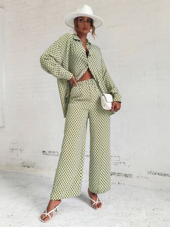 Argyle Print Drop Shoulder Blouse & Wide Leg Pants Fall Cloth For Women