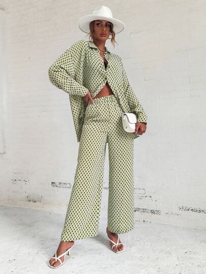 Argyle Print Drop Shoulder Blouse & Wide Leg Pants Fall Cloth For Women