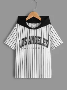 SHEIN Tween男童條紋和字母印花彩色連帽短袖T恤，休閒和日常穿著 - 白色 - 查看 1