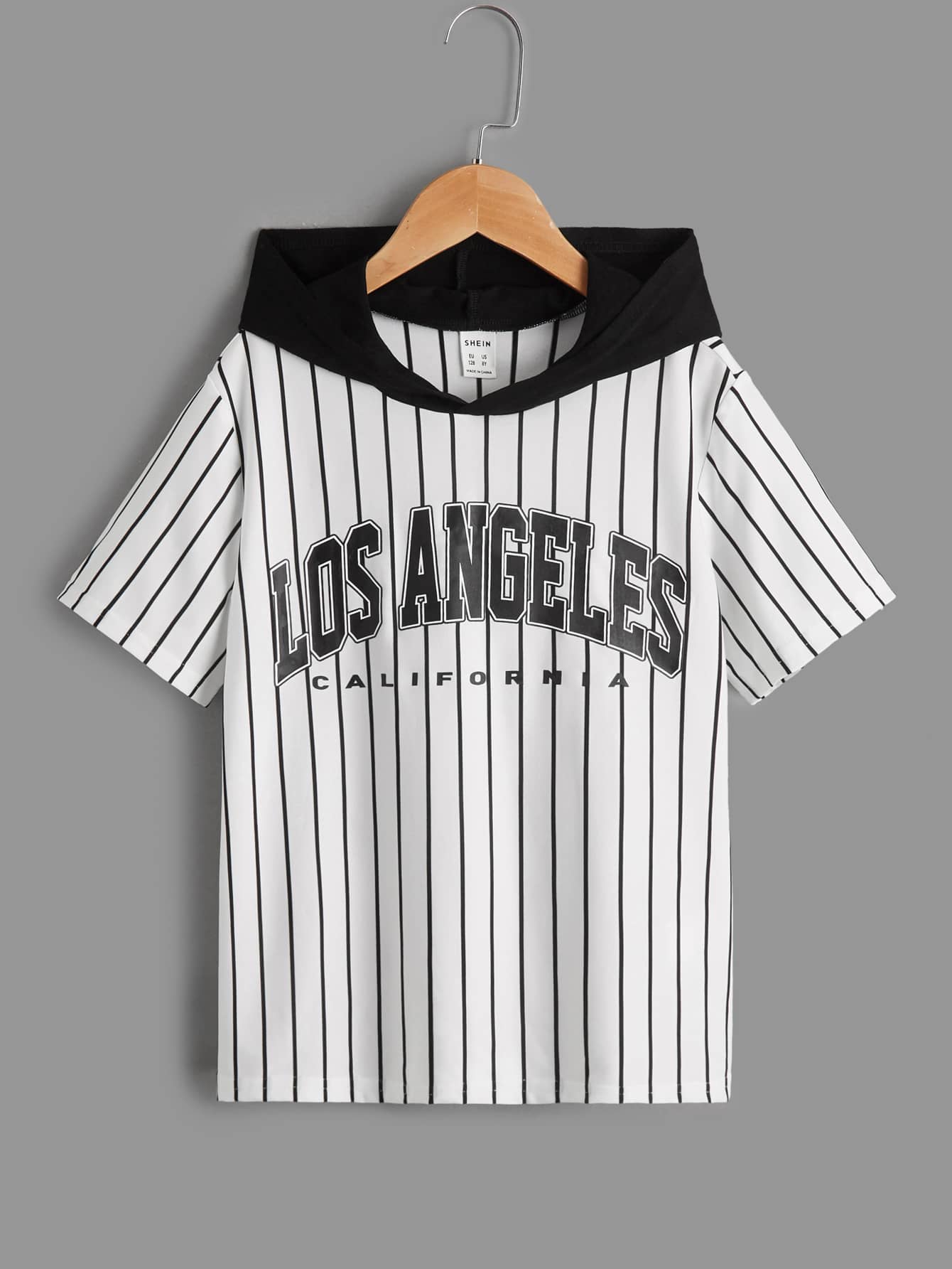 SHEIN Tween男童條紋和字母印花彩色連帽短袖T恤，休閒和日常穿著 - 白色 - 查看 1