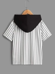 SHEIN Tween男童條紋和字母印花彩色連帽短袖T恤，休閒和日常穿著 - 白色 - 查看 2