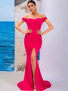 LOVE&LEMONADE Off Shoulder Split Thigh Mermaid Hem Dress
