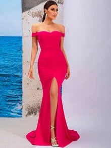 LOVE&LEMONADE Off Shoulder Split Thigh Mermaid Hem Dress