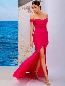 LOVE&LEMONADE Off Shoulder Split Thigh Mermaid Hem Dress