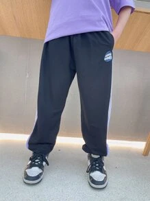 Boys Letter Graphic Contrast Side Seam Joggers - Black - View 3