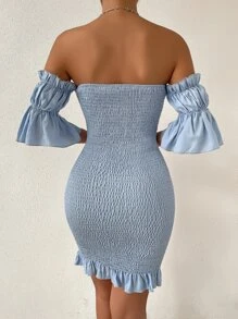 Chiquease Vestido ajustado de hombros descubiertos de manga con volante con fruncido bajo con fruncido - Celeste - Ver 4