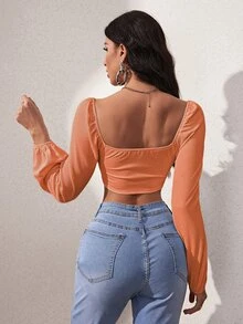 SHEIN SXY 燈籠袖方領短款上衣 - 珊瑚橙 - 查看 2